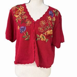 VTG 80s 90s Red Floral Embroidered Cardigan Cottagecore Prairie Hong Kong Sz M/L